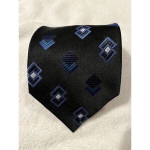 Fusion 100% Silk Tie: Black With Blue & White Geometric Pattern